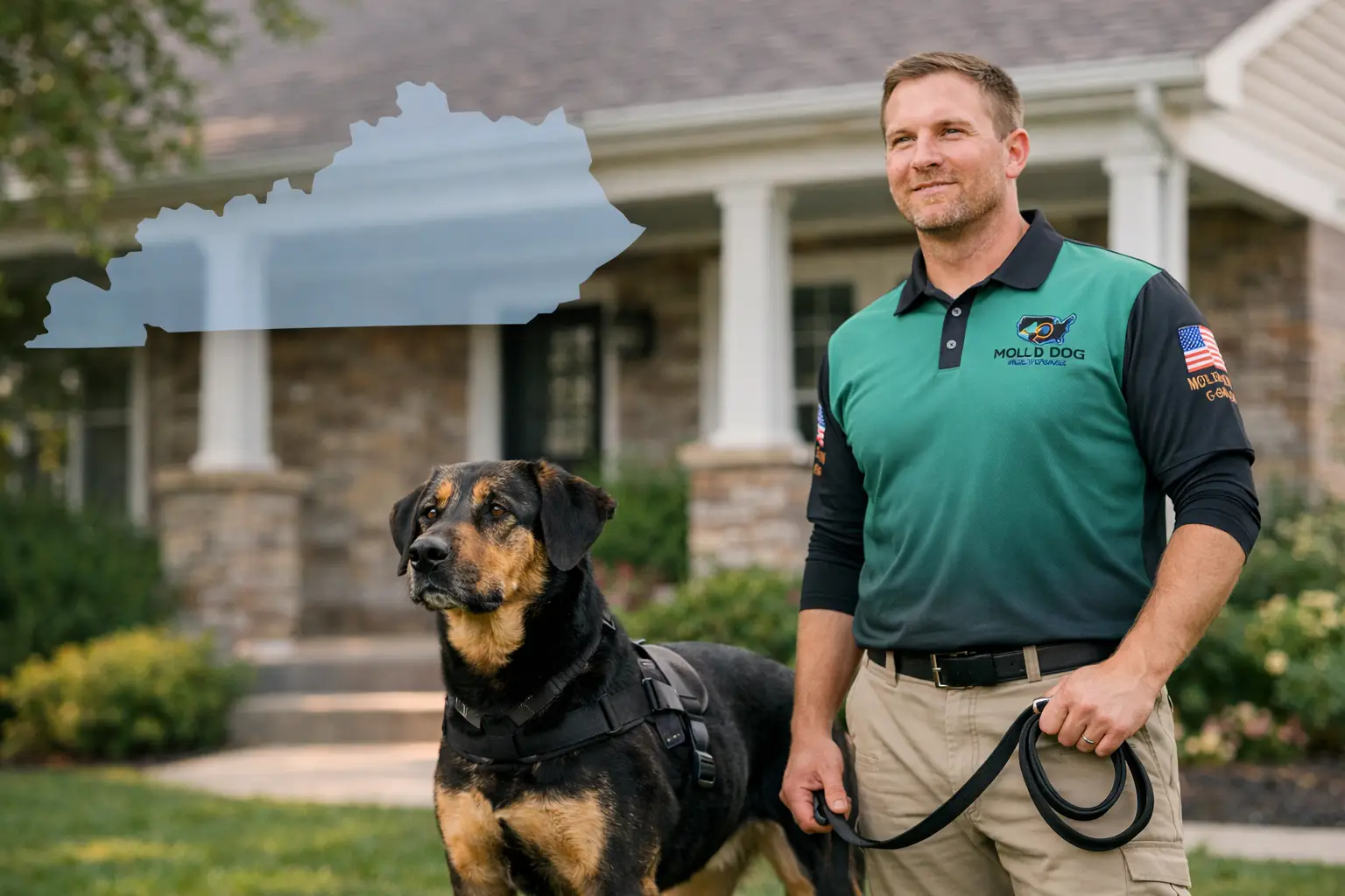 A Mold Dog Network handler and dog outside a Kentucky home