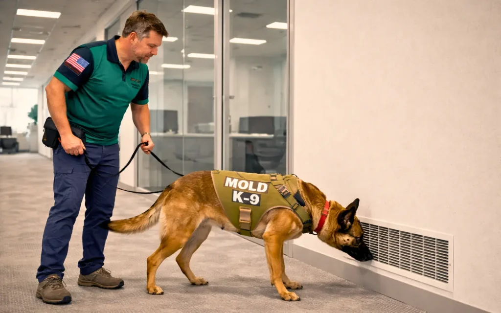 Office-HVAC-mold-inspection A mold dog snifing around an HVAC air vent during an office mold inspection
