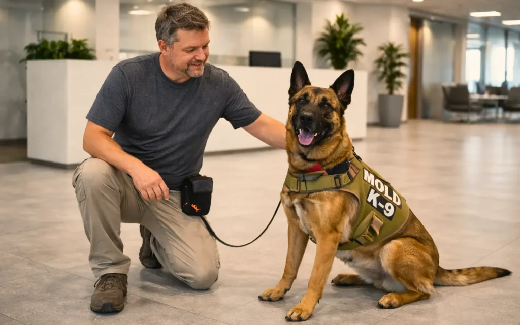 Office-mold-inspection An office mold dog and handler in a lobby after an office mold inspection