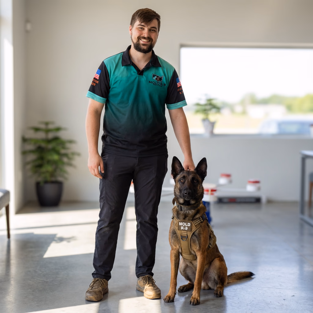 A member of mold dog's team in their dog training room