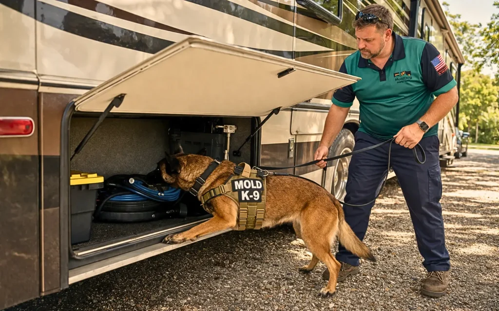 RV-storage-mold-inspection A mold dog sniffing around under-RV storage during a mold inspection