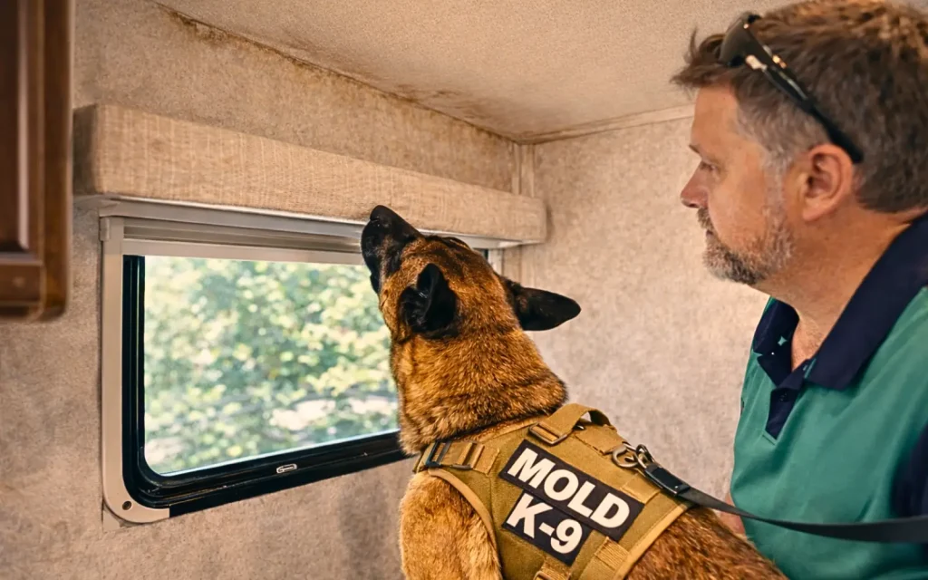 Water-damage-RV-mold-inspection A mold dog alerting at water damage in an RV ceiling