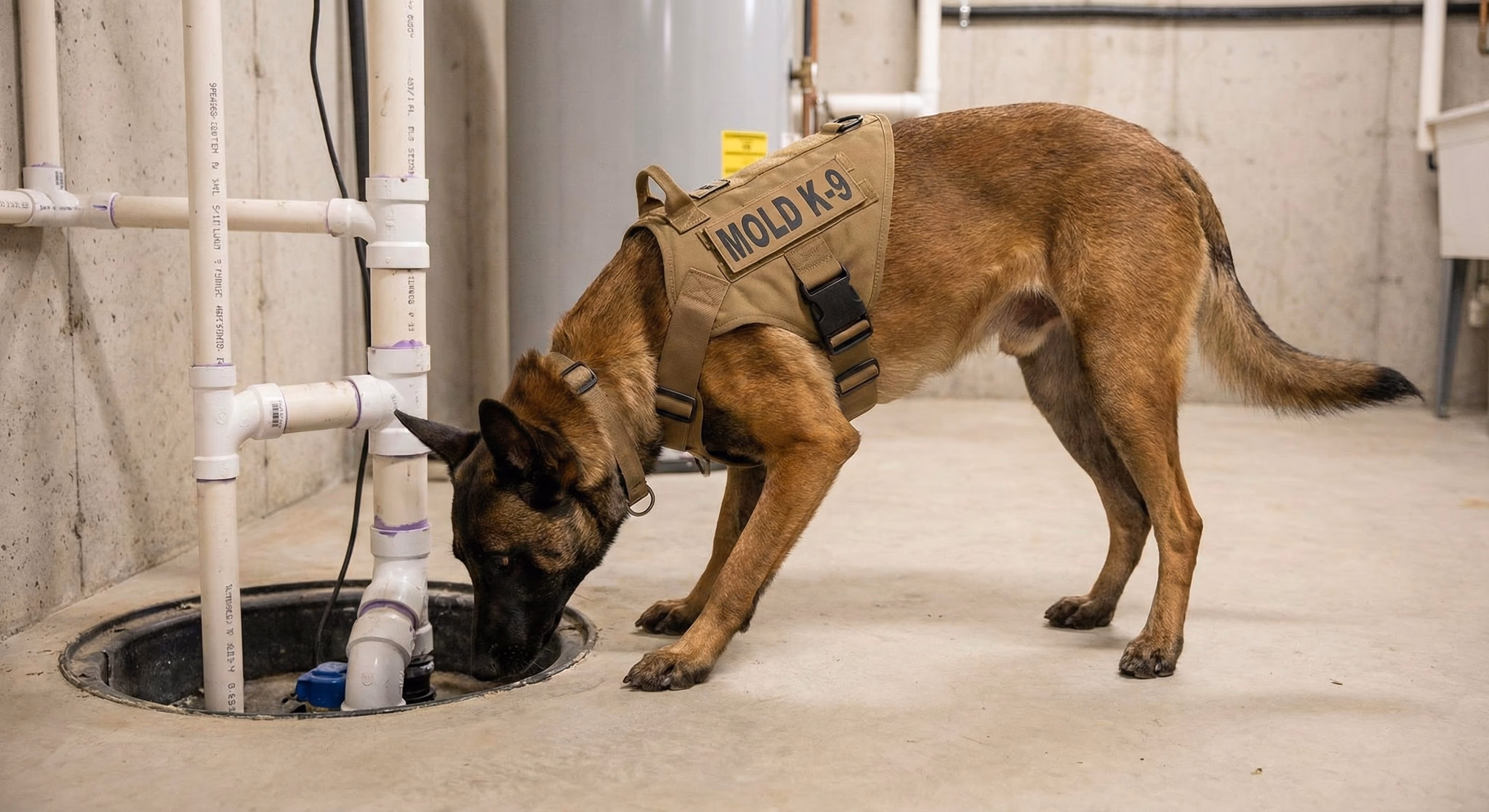 A mold dog sniffing for hidden mold inside a sump pump