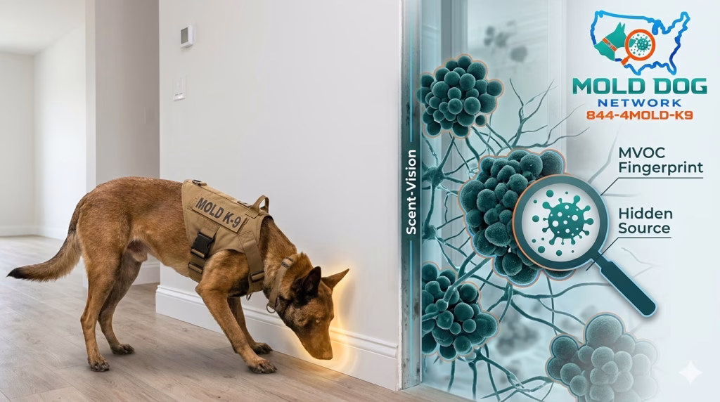 A mold dog sniffing for mold in a Lexington real estate investment property