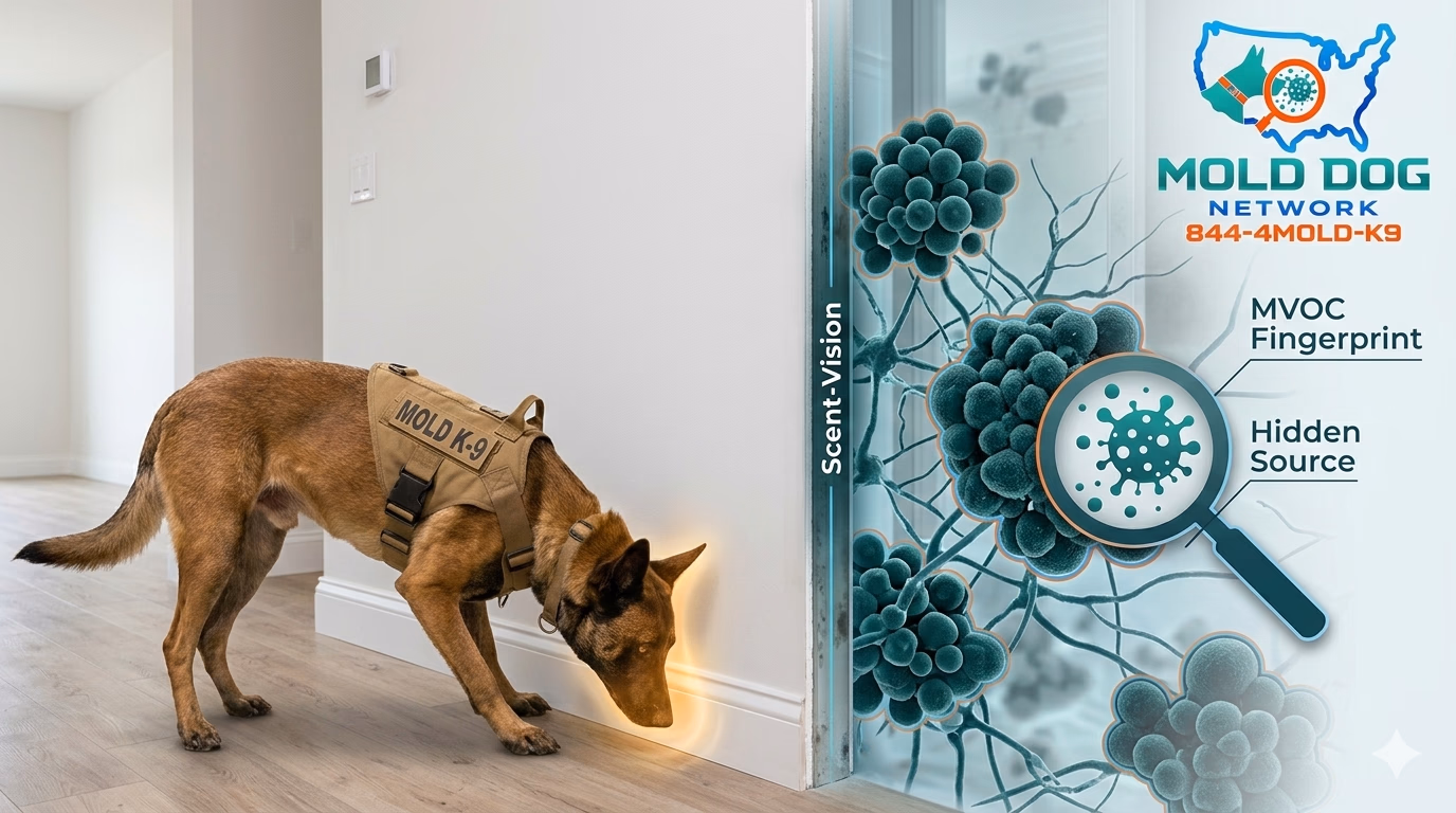 A mold dog sniffing for mold in a Lexington real estate investment property
